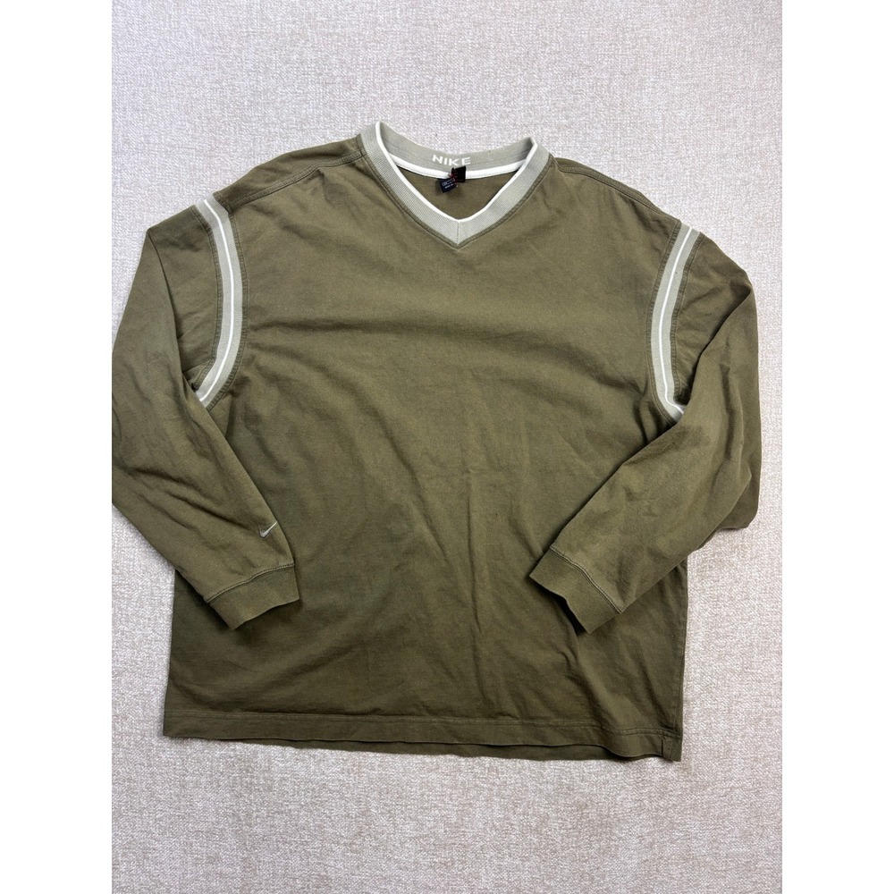 Vintage Nike Mens XL Olive Green V-Neck Long Sleeve Cotton Pullover Shirt